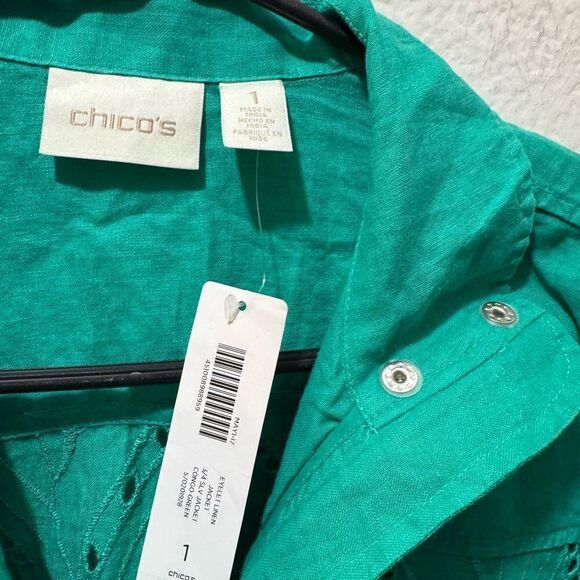 Chico's 100% Linen Embroidered Jacket. 1 (M) Zip Pockets Eyelet Lagenlook Boho - Picture 7 of 12